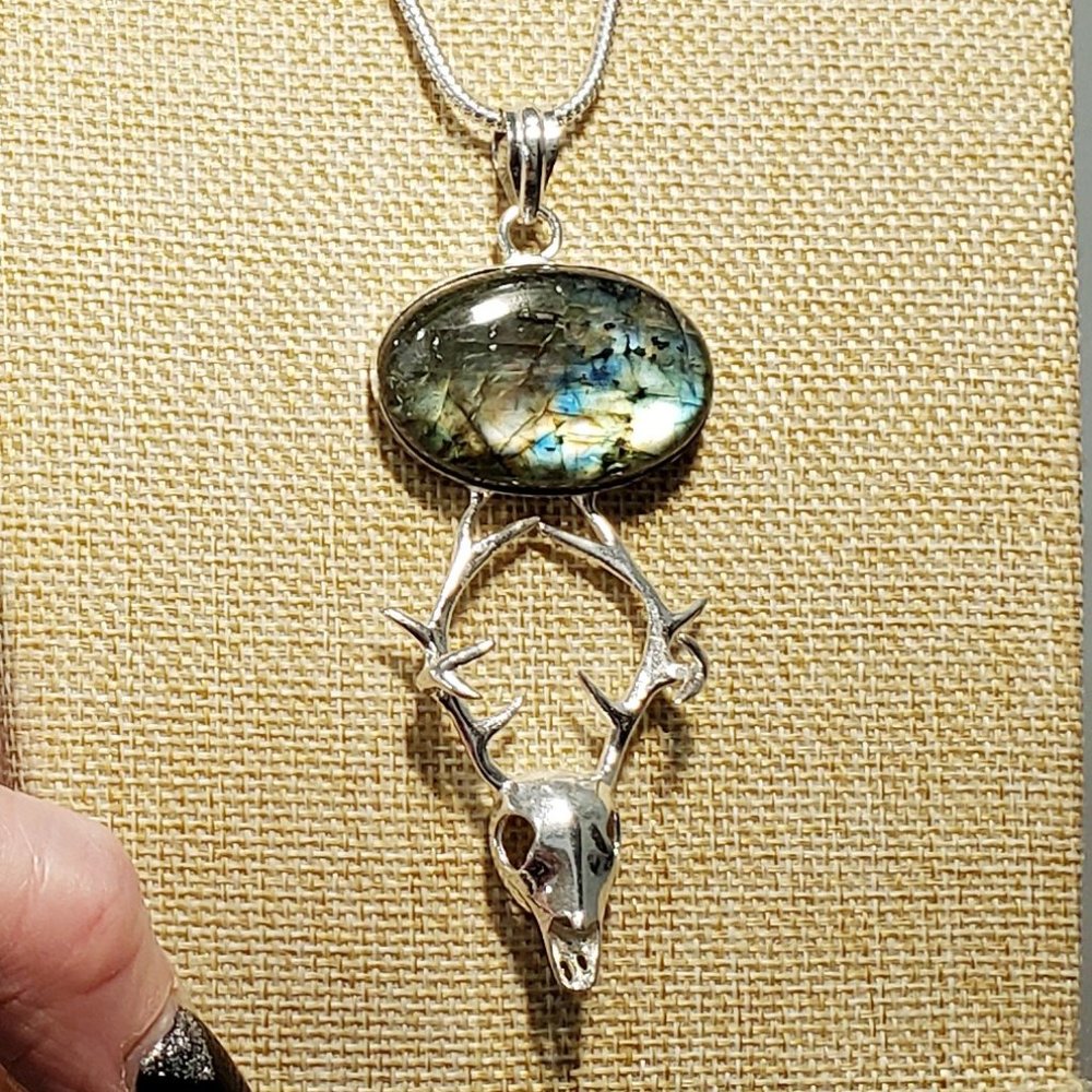 Labradorite western skull 925 silver pendant necklace, deer skull necklace